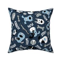 Large Scale Silly Puppy Dog Face Doodles in Black White Navy Blue Grey