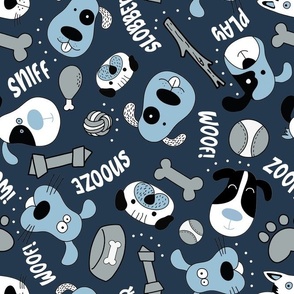 Large Scale Silly Puppy Dog Face Doodles in Black White Navy Blue Grey