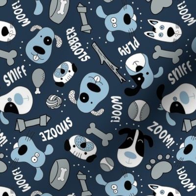 Medium Scale Silly Puppy Dog Face Doodles in Black White Navy Blue Grey