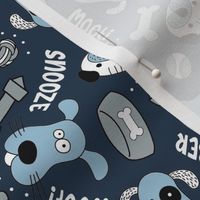 Medium Scale Silly Puppy Dog Face Doodles in Black White Navy Blue Grey