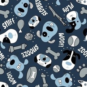 Medium Scale Silly Puppy Dog Face Doodles in Black White Navy Blue Grey