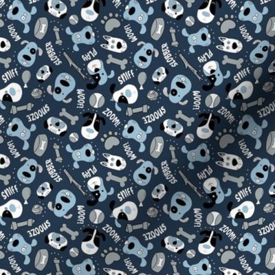 Small Scale Silly Puppy Dog Face Doodles in Black White Navy Blue Grey