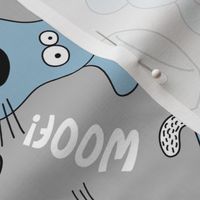 Large Scale Silly Puppy Dog Face Doodles in Black White Blue Grey