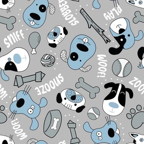 Large Scale Silly Puppy Dog Face Doodles in Black White Blue Grey