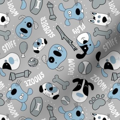 Medium Scale Silly Puppy Dog Face Doodles in Black White Blue Grey