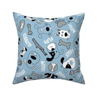 Large Scale Silly Puppy Dog Face Doodles in Black White Blue Grey