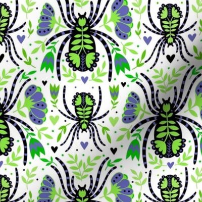 Medium Scale Spider Damask Floral Periwinkle Black Lime on White