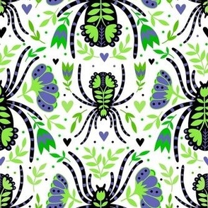 Medium Scale Spider Damask Floral Periwinkle Black Lime on White