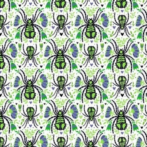 Small Scale Spider Damask Floral Periwinkle Black Lime on White
