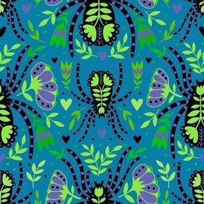 Medium Scale Spider Damask Floral Periwinkle Black Lime Green on Peacock Blue