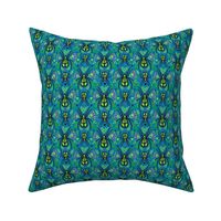 Small Scale Spider Damask Floral Periwinkle Black Lime Green on Peacock Blue