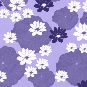 Floating Lotus and Lily Pads - Purple and White - Large Scale