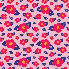 Abstract Minimal Tropical Vibrant Hibiscus Flowers, Floral Pattern, Pink and Blue