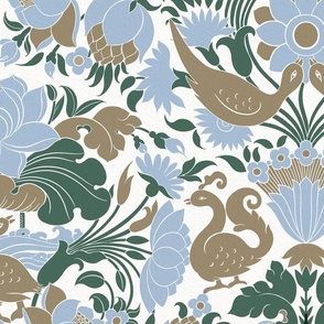 L // Traditional Lotus and Birds in limited colors palette on white