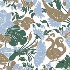 S // Traditional Lotus and Birds in limited colors palette on white