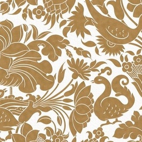 S // Traditional Lotus and Birds in textured gold on ecru white