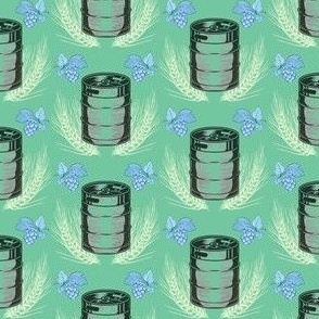 Kegs, Barley, and Hops in blue on green