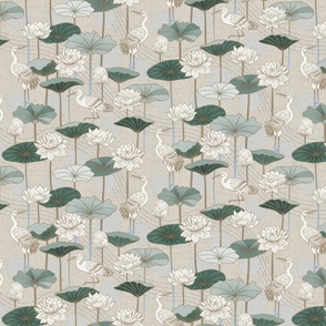 White Lotus Tranquility - cranes, lotus and lilypads - neutral, small