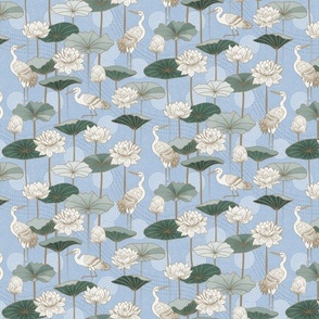 White Lotus Tranquility - cranes, lotus and lilypads - sky blue, small