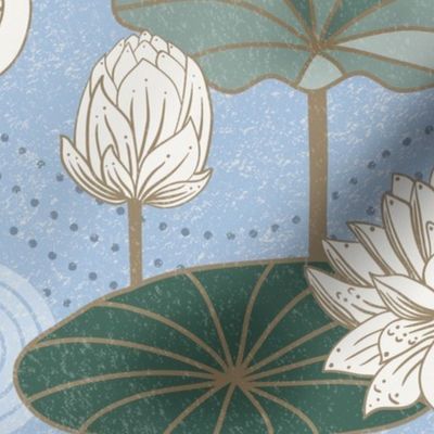 White Lotus Tranquility - cranes, lotus and lilypads - sky blue, jumbo