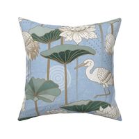 White Lotus Tranquility - cranes, lotus and lilypads - sky blue, jumbo