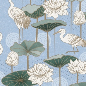 White Lotus Tranquility - cranes, lotus and lilypads - sky blue, jumbo