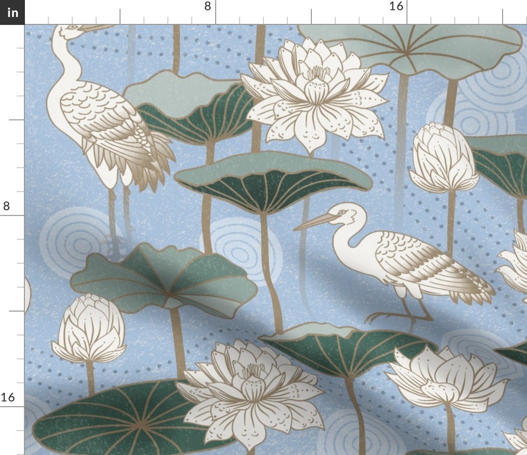 White Lotus Tranquility - cranes, lotus and lilypads - sky blue, jumbo