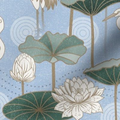 White Lotus Tranquility - cranes, lotus and lilypads - sky blue, medium