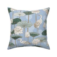 White Lotus Tranquility - cranes, lotus and lilypads - sky blue, medium