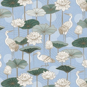 White Lotus Tranquility - cranes, lotus and lilypads - sky blue, medium