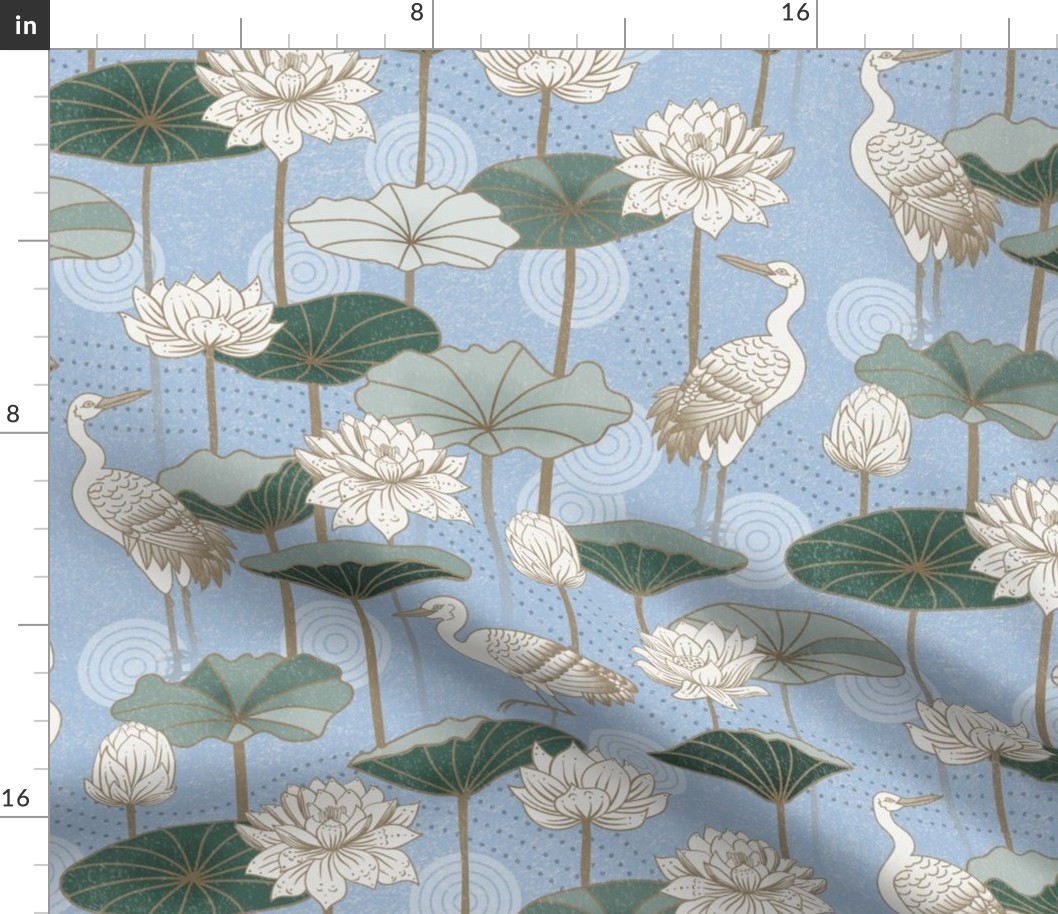 White Lotus Tranquility - cranes, lotus and lilypads - sky blue, medium
