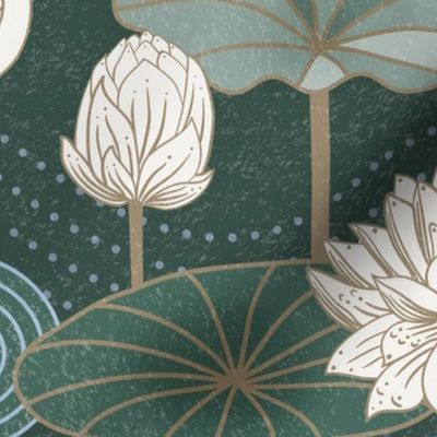 White Lotus Tranquility - cranes, lotus and lilypads - dark pine, jumbo