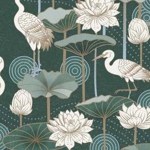 White Lotus Tranquility - cranes, lotus and lilypads - dark pine, jumbo