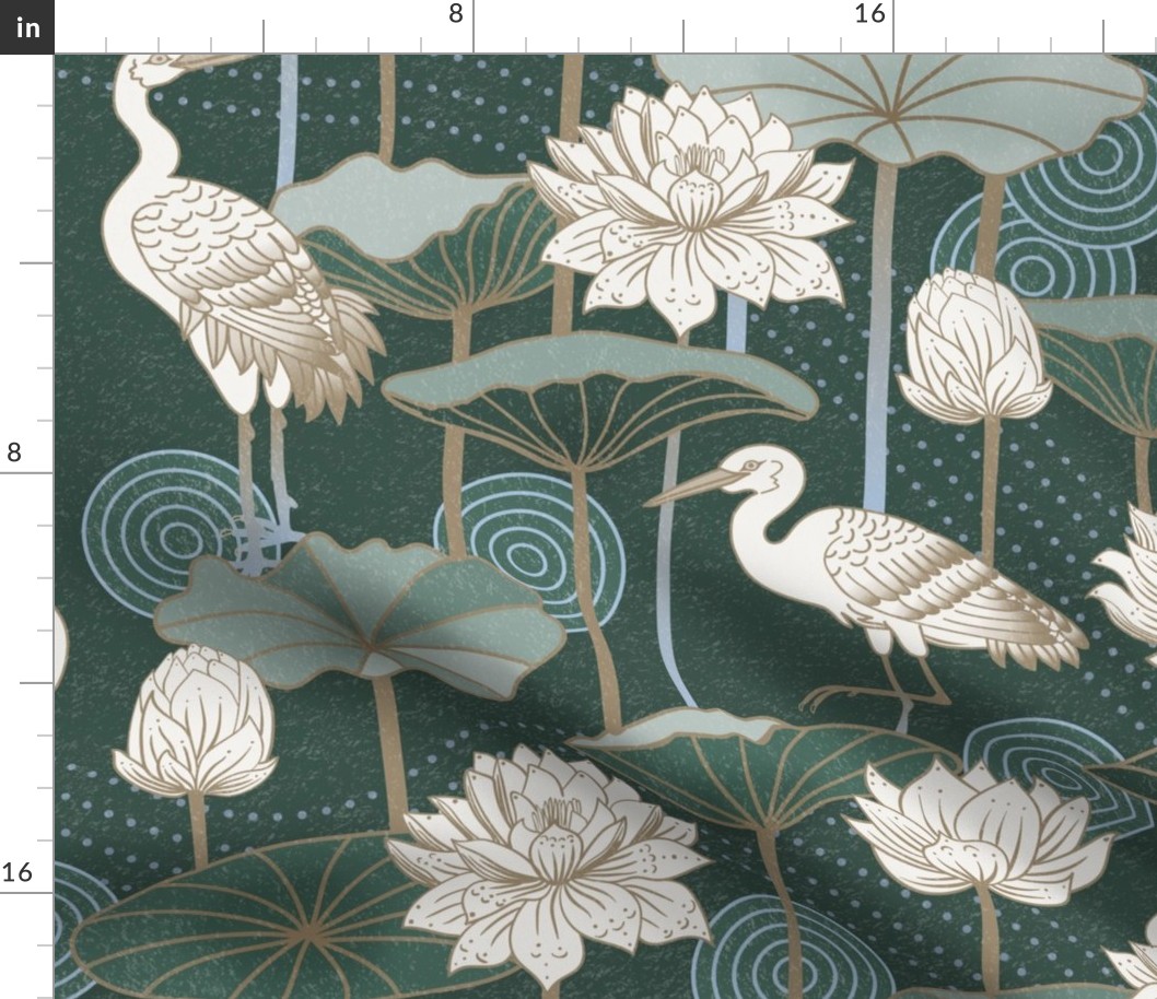 White Lotus Tranquility - cranes, lotus and lilypads - dark pine, jumbo