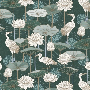 White Lotus Tranquility - cranes, lotus and lilypads - dark pine, medium