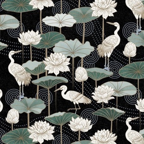 White Lotus Tranquility - cranes, lotus and lilypads -  black, medium