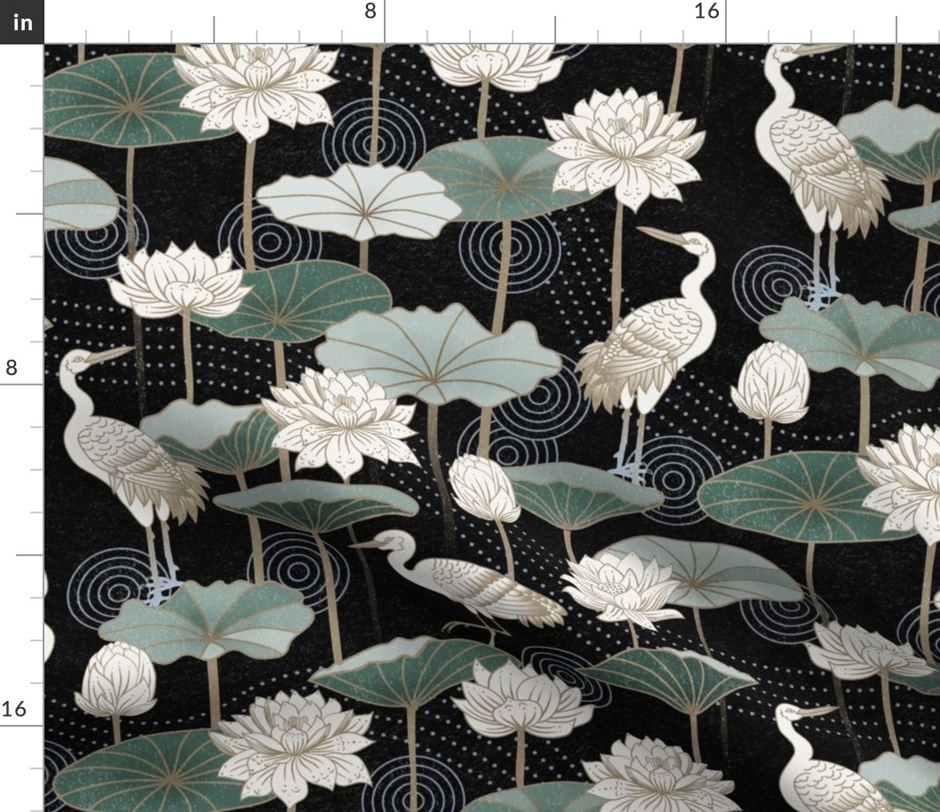 White Lotus Tranquility - cranes, lotus and lilypads -  black, medium