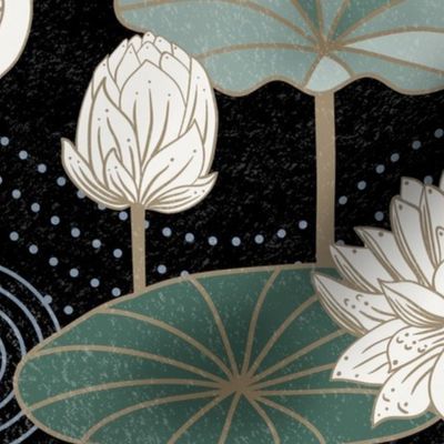 White Lotus Tranquility - cranes, lotus and lilypads -  black, jumbo