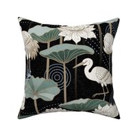 White Lotus Tranquility - cranes, lotus and lilypads -  black, jumbo