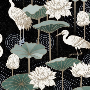 White Lotus Tranquility - cranes, lotus and lilypads -  black, jumbo