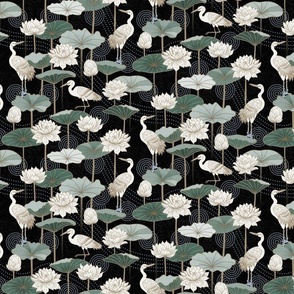 White Lotus Tranquility - cranes, lotus and lilypads -  black, small