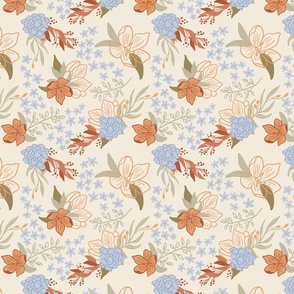 Light beige with pastel flowers orange, blue and red