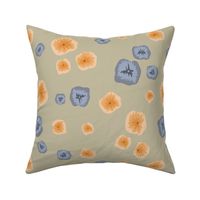 Khaki design with organic shaped flowers, blue and orange