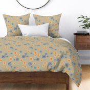 Khaki design with organic shaped flowers, blue and orange