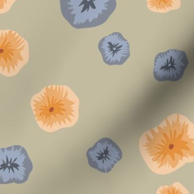 Khaki design with organic shaped flowers, blue and orange
