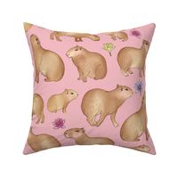 Jumbo Capybara with Waterlilies on Pink by Brittanylane