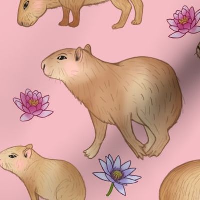 Jumbo Capybara with Waterlilies on Pink by Brittanylane