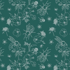 Bees and Blooms in Reverse Teal
