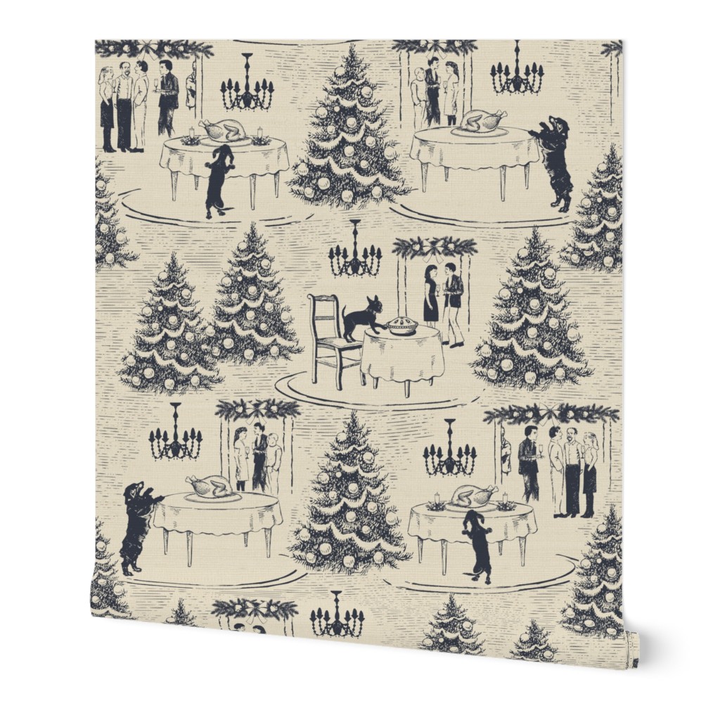 Bad Dog Holiday Party Toile - Navy Blue - Large