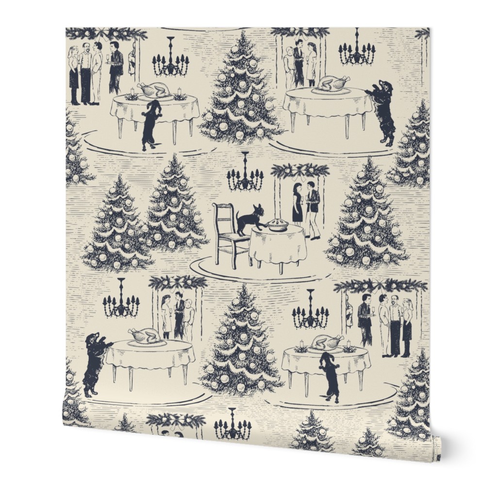 Bad Dog Holiday Party Toile - Navy Blue - Large